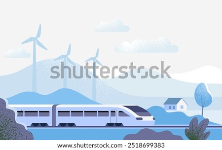 High speed train drives through beautiful landscape. Cartoon flat vector illustration