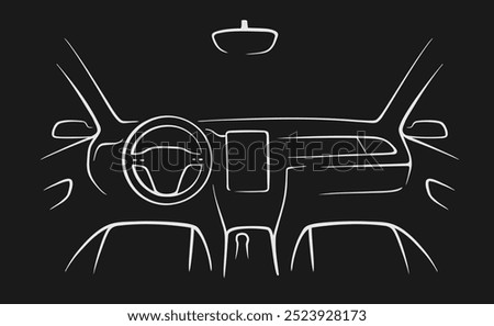 Contour of car salon interior inside from white lines on black background. View from front seat