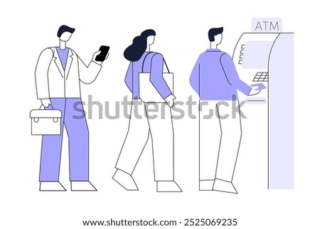 People stands next to an ATM. Queue stands and waits