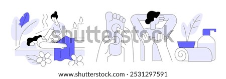 Spa concept. Woman getting massage. Leg and back massage. Flat vector illustration.