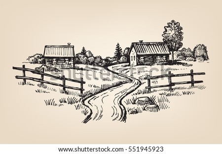 vector hand drawn village houses sketch and nature