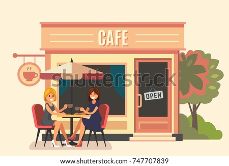 Summer cafe and two girl. Street restaurant. Vector