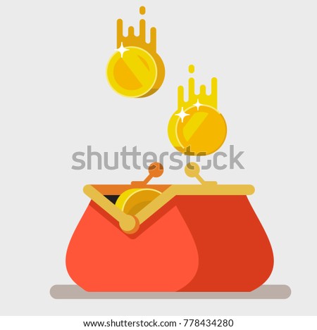 Opened purse with gold coins raining to open wallet. Vector