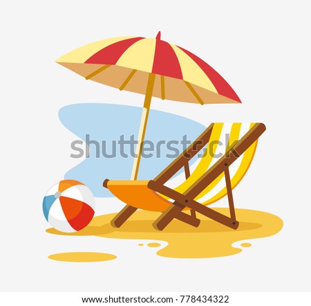 Umbrella and sun lounger on the beach. Vector illustration