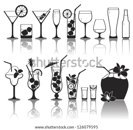 Different kinds of glasses with aperitifs, juice, cocktails, decorated by fruit, mint and colors