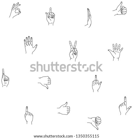 Hands gestures seamless background pattern hand drawn stroke outline thin line logo graphic design isolated on white. Thumb up down OK, pointing finger, peace sign, open stopping palm, waving