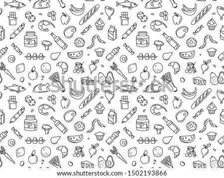 Supermarket grocery store food, drinks, vegetables, fruits, fish, meat, dairy, sweets market products goods seamless thin line icons background pattern. Vector illustration in linear simple style.