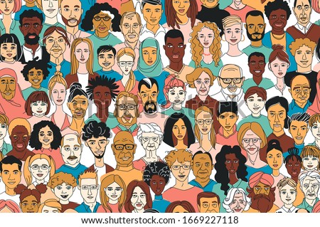 Young, middle age, senior adult women's men's children's seamless pattern background. Diversity multiracial, multiethnic crowd group people. Hand drawn line drawing doodle vector illustration poster