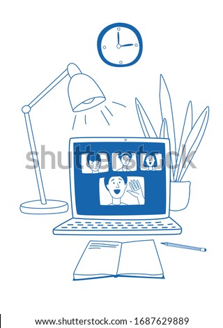 Learning online, e-learning video call chat with class. Laptop, notebook, lamp, plant and clock - ideal home workplace. Vector illustration doodles, thin line art sketch style concept