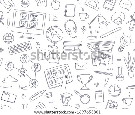 Learning online, e-learning video call chat with class. Laptop, notebook, remote learning- ideal home workplace. Vector illustration doodles, thin line art sketch style concept