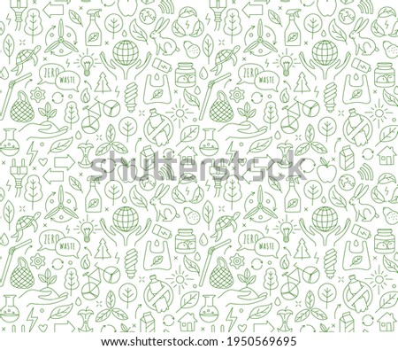 No plastic, go green, Zero waste concepts. Reduce, reuse, refuse, recycle, Rot - ecological lifestyle and sustainable development. Linear icons style illustration seamless pattern doodle drawing.