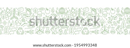 No plastic, go green, Zero waste concepts. Reduce, reuse, refuse, recycle, Rot ecological lifestyle and sustainable development. Linear icons style illustration seamless pattern border doodle drawing.