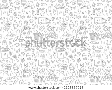 Mobile app courier delivering order online shop. Supermarket grosery store food, drinks, market seamless thin line icons background pattern. Vector illustration in linear simple style. Black and white