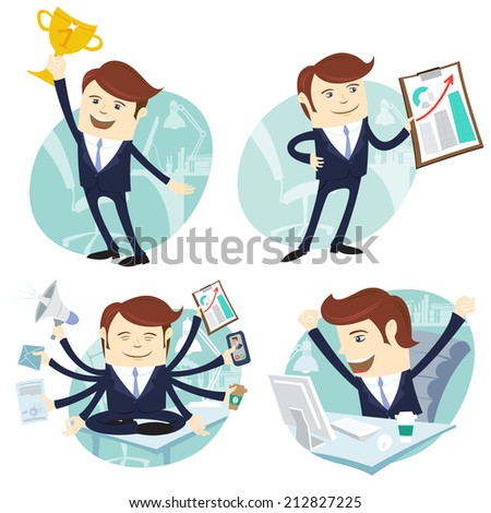 Vector Illustration Office man set: showing a graph, Happy worker at his desk, busy yoga white collar working hard by eight hands, winner with first place golden cup 