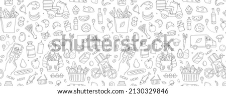 Mobile app courier delivering order online shop. Supermarket grosery store food, drinks, market seamless thin line icons background pattern. Vector illustration in linear simple style. Black and white