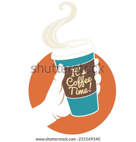 Vector illustration hand holding disposable coffee cup. Cardboard cover with text 