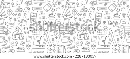 Mobile app Online service for moving. Moving to a new house. Packing in boxes and delivery by car, van, truck. Seamless thin line icons background pattern. Vector illustration in linear simple style. 