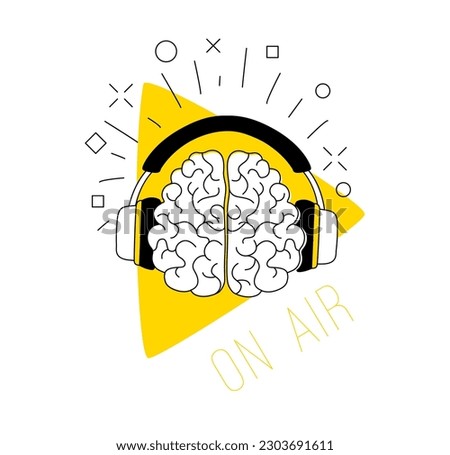 Logo for podcast radio broadcast. Human brain with headphones play button background. Radio host vector illustration. Doodle drawing podcasting speaking broadcasting cartoon logo. Thin line flat style
