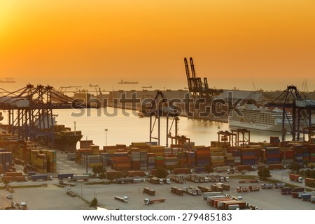 Shipping port with sunset light in the evening.