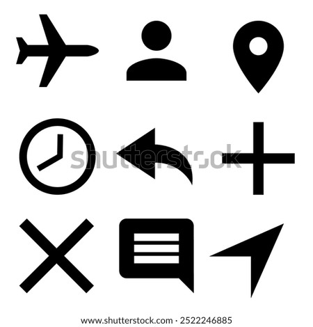 Set of 9 icons for web, plane, pointer, cross and others