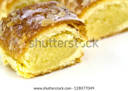 Pastry roll with almond paste, close up