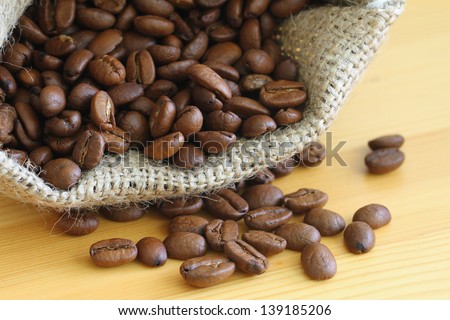 Coffee beans in jute bag on wooden surface, close up