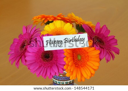 Happy Birthday Card With Colorful Gerbera Daisies Bouquet Stock Photo ...