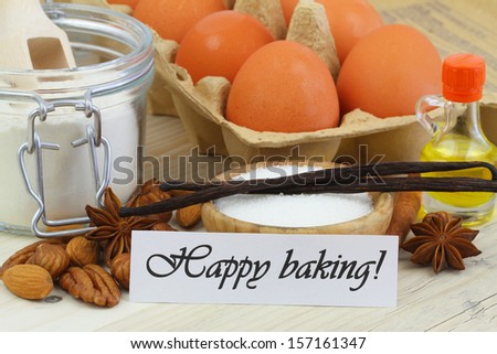 Happy baking card with baking ingredients