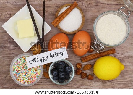 Happy baking card with selection of baking ingredients