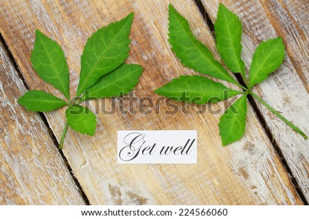 Get well card with two green leaves on rustic wooden surface