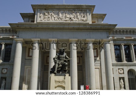 Prado Museum. Statue of the painter Diego Velazquez in foreground. Madrid. Spain.