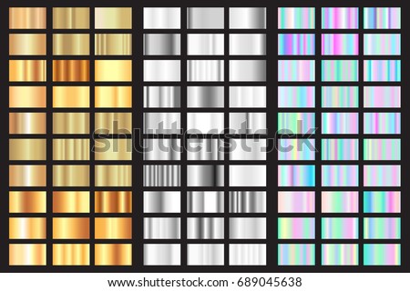 Vector gold, silver and holographic swatches gradient set. 90 foil texture modern style collection. Poster bright template design. Abstract art background