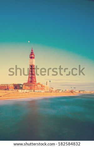 Portrait Retro Photo Filter Effect Blackpool Tower, from the North Pier, Lancashire, England, UK