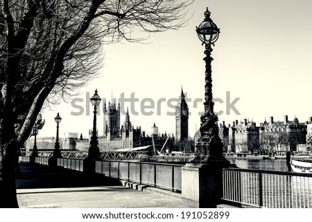 Retro Photo Effect - Lamp on South Bank of River Thames with Big Ben and Palace of Westminster in Background, London, England, UK