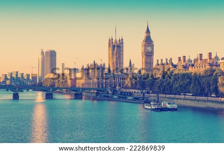 Retro Photo Filter Effect - Elizabeth Tower, Big Ben and Westminster Bridge in early morning light, London, England, UK.