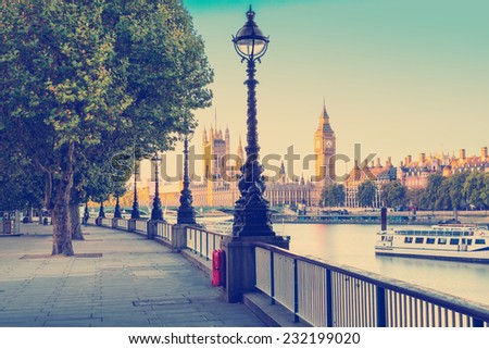 Retro Photo  Filter Effect - Street Lamp on South Bank of River Thames with Big Ben and Palace of Westminster in Background, London, England, UK