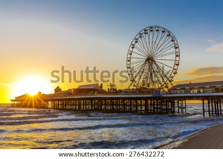 Blackpool Central Pier at Sunset with Ferris Wheel, Lancashire, England UK