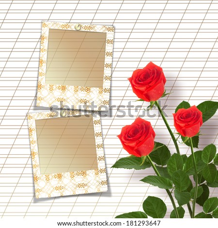 Bouquet of beautiful red roses with the invitation or congratulation on the white paper
