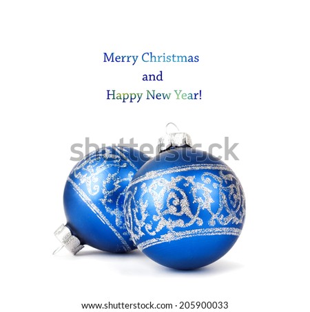Blue Christmas balls with silver ornament isolated on white background