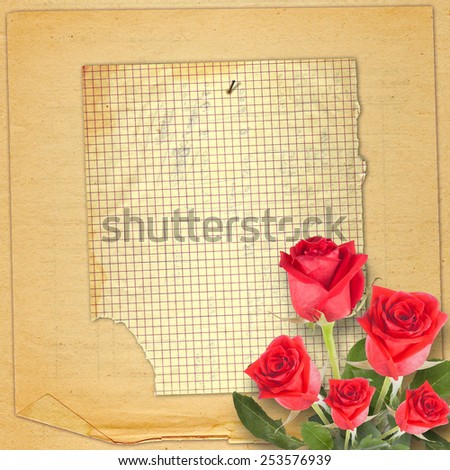 Old vintage card with a beautiful red rose on paper backgroundOld vintage card with a beautiful red rose on paper background
