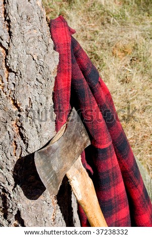 Double Bit Axe with Red Black Flannel Shirt. The shirt is hanging on a pine tree.