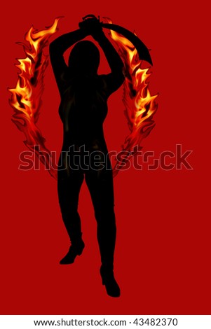 Naked Female Silhouette with Cutlass Sword and Flames isolated on a Red background.