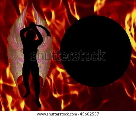 Naked Female Silhouette with Cutlass Sword isolated on flames of fire background.