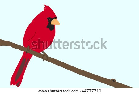 Bright Red Cardinal sitting on a tree branch illustration set against a blue sky background.