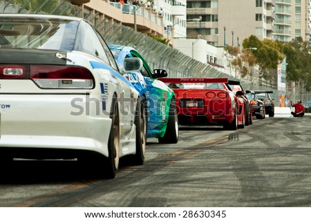 LONG BEACH, CA - APRIL 10: Drift cars line-up for practices at Formula Drift  April 10, 2009 in Long Beach, California.