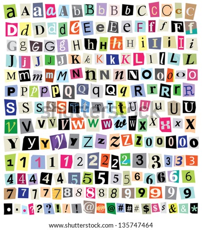 Over 200 vector cut newspaper and magazine letters, numbers, & symbols. Mixed uppercase and lowercase-multiple options for each one. Perfect design elements for a ransom note, creative typography, etc