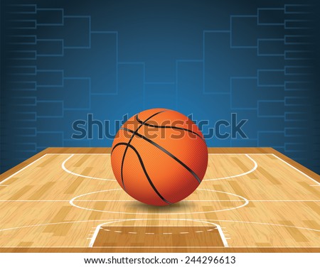 An illustration of a basketball on a court and a tournament bracket in the background. Vector EPS 10. EPS file is layered and contains transparencies.