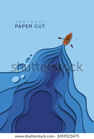 Illustration of a man rowing boat on a blue water surface in paper cut effect. Design for book covers, presentation or other prinings. Upper copy space included.
