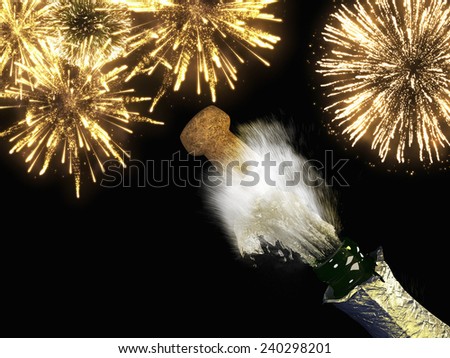 A Champagne bottle and cork with lit firework