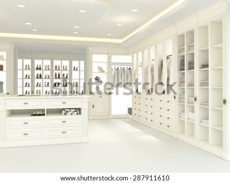 an american luxury walkin closet with many space. 3d rendering